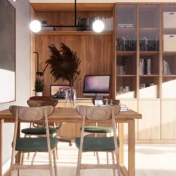 Wizualizacja domowego biura z drewnianym biurkiem, krzesłami z zielonymi poduszkami, komputerem, laptopem i regałem na książki z drewnianymi frontami.