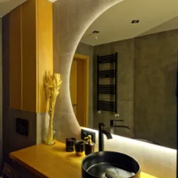 Nowoczesna łazienka z okrągłym lustrem podświetlanym LED, czarną umywalką nablatową i drewnianym blatem, suszone trawy w wazonie jako element dekoracyjny.