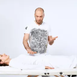 Terapeuta z kolczykami w uszach i na brwi, w koszulce z etnicznym wzorem, wykonuje zabieg energetyczny nad leżącą na białym stole kobietą w białym ubraniu, w jasnym pomieszczeniu.