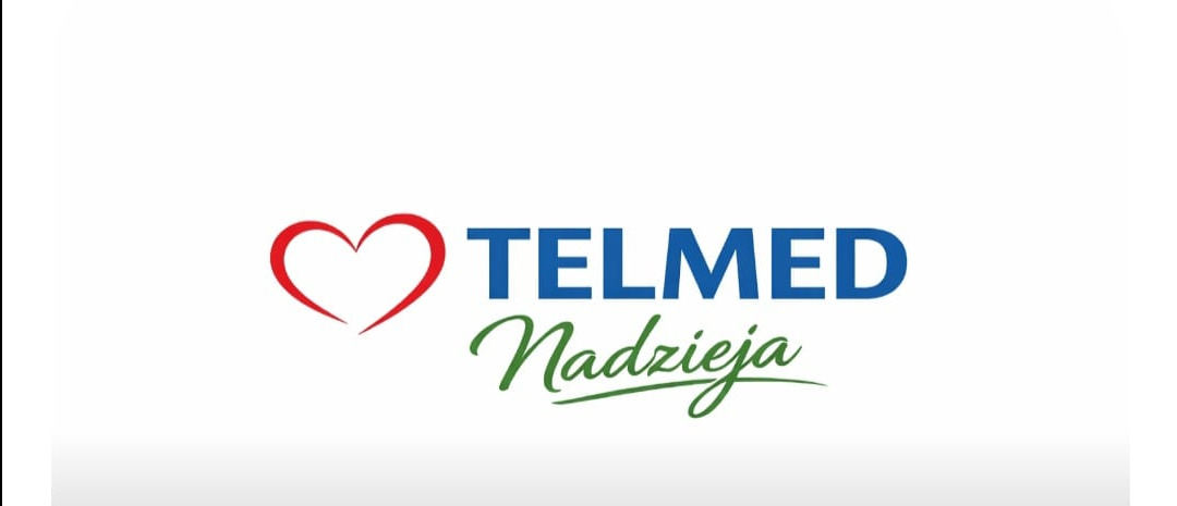 Logo Telmed Nadzieja: czerwone serce, niebieski napis 'TELMED' i zielony, stylizowany napis 'Nadzieja' na białym tle. Minimalistyczny design.