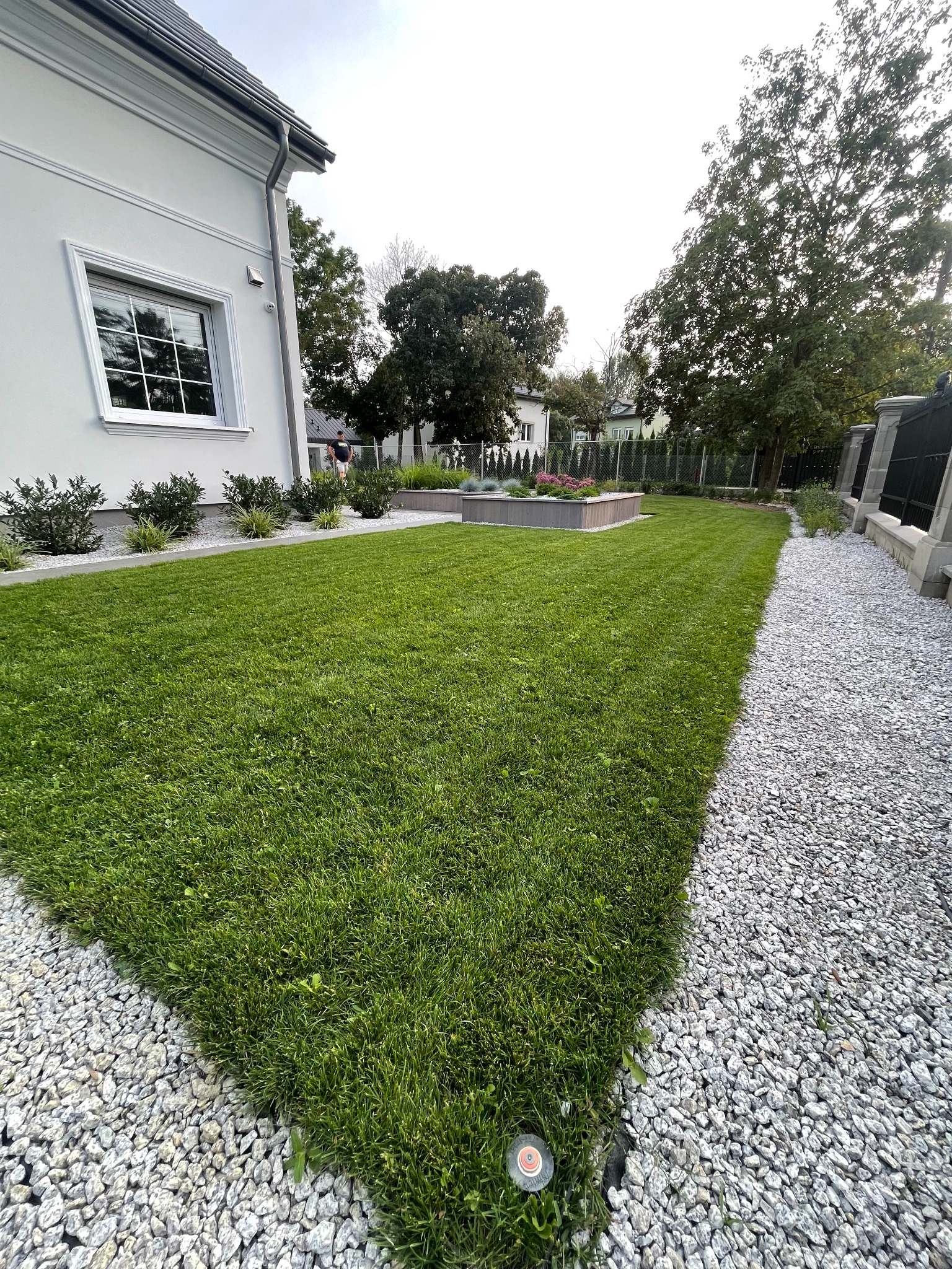 Starannie utrzymany trawnik z równo przystrzyżoną trawą, obok ścieżka wysypana białym żwirem, widoczne elementy architektury ogrodowej i fragment domu.