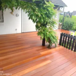 Świeżo zaimpregnowany drewniany taras z roślinnością, widok na dom z roletami i ozdobami ściennymi.