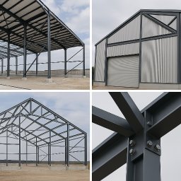 ARMOR KW SP Z O O - Montaż konstrukcji stalowej hali w Szczekocinach: widok ogólny szkieletu, fragment z obudową i detal połączenia elementów stalowych.