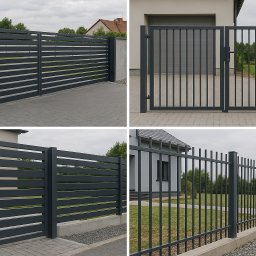 ARMOR KW SP Z O O - Kompozycja czterech ujęć: przesuwana brama z poziomych profili, furtka z pionowych prętów, fragment ogrodzenia z poziomych profili oraz ogrodzenie z pionowych prętów, wszystko w szarym kolorze,...