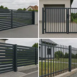 Kompozycja czterech ujęć: przesuwana brama z poziomych profili, furtka z pionowych prętów, fragment ogrodzenia z poziomych profili oraz ogrodzenie z pionowych prętów, wszystko w szarym kolorze,...