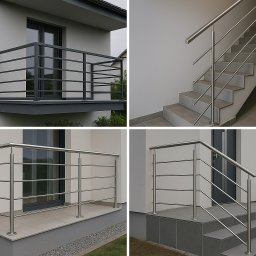 ARMOR KW SP Z O O - Cztery ujęcia nowoczesnych balustrad: balkon z czarną balustradą, schody wewnętrzne z balustradą nierdzewną, taras i wejście do domu z balustradami ze stali nierdzewnej.