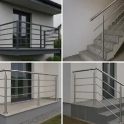Cztery ujęcia nowoczesnych balustrad: balkon z czarną balustradą, schody wewnętrzne z balustradą nierdzewną, taras i wejście do domu z balustradami ze stali nierdzewnej.