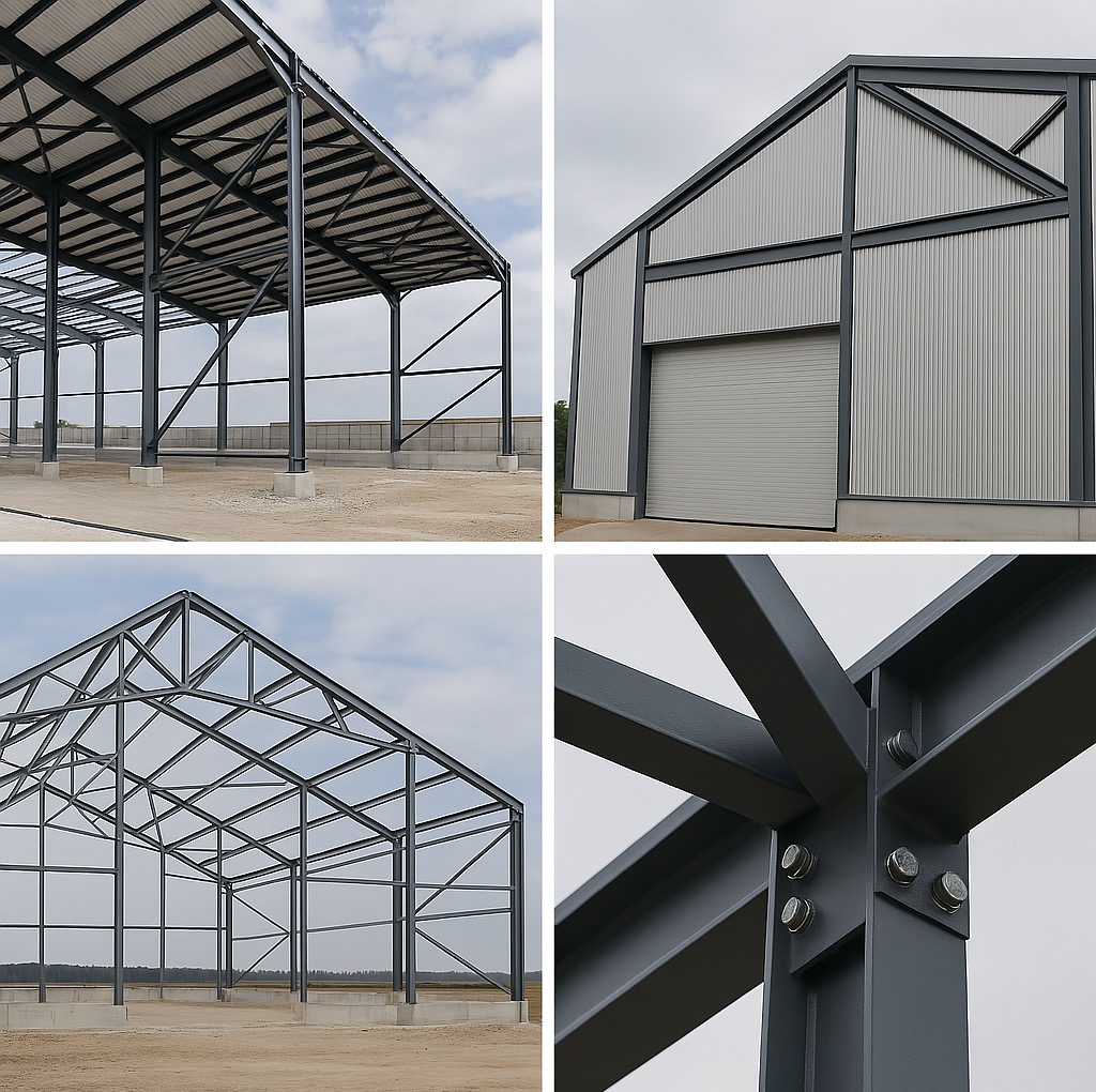 Montaż konstrukcji stalowej hali w Szczekocinach: widok ogólny szkieletu, fragment z obudową i detal połączenia elementów stalowych.