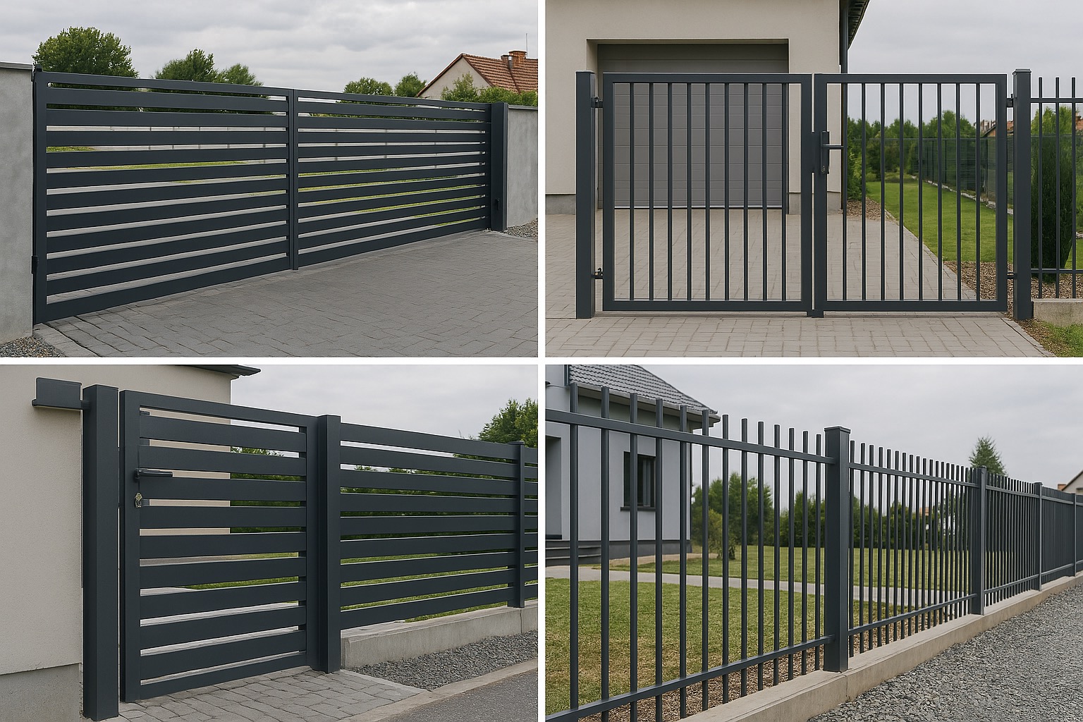 Kompozycja czterech ujęć: przesuwana brama z poziomych profili, furtka z pionowych prętów, fragment ogrodzenia z poziomych profili oraz ogrodzenie z pionowych prętów, wszystko w szarym kolorze,...