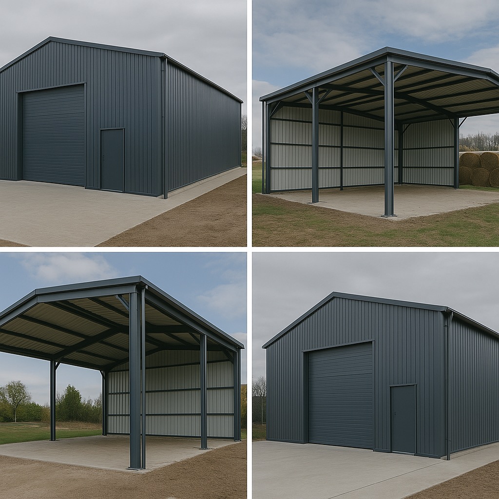 Cztery ujęcia metalowej konstrukcji: zamknięty garaż z bramą rolowaną i drzwiami wejściowymi oraz wiata z metalowym szkieletem, na betonowej wylewce, w tle pole i niebo.