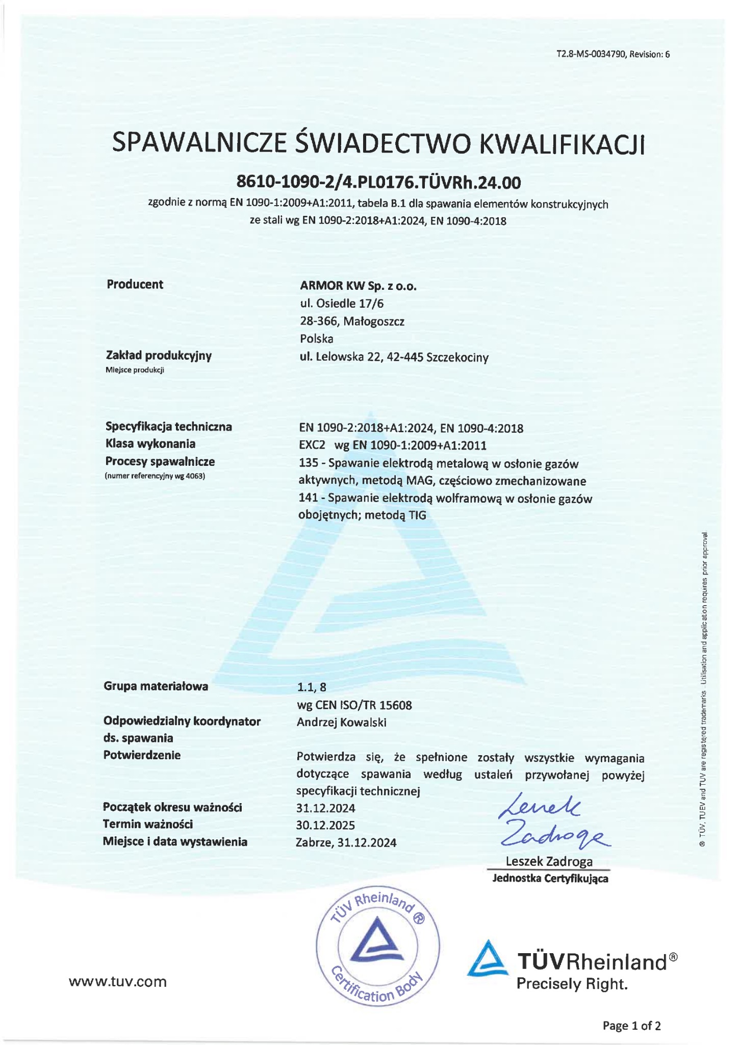 Skan dokumentu: Spawalnicze Świadectwo Kwalifikacji firmy Armor KW Sp. z o.o. wydane przez TÜV Rheinland, potwierdzające zgodność z normami EN 1090, zawierające informacje o procesach spawalniczych...
