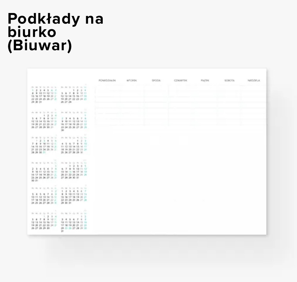 Biuwar na biurko z kalendarzem miesięcznym i miejscem na notatki, widok z góry.