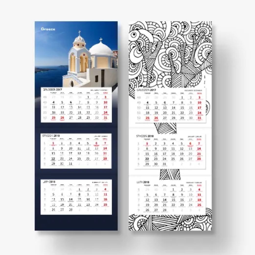 Dwa kalendarze ścienne: jeden z fotografią greckiej architektury i morza, drugi z abstrakcyjnym wzorem, oba z widocznymi miesiącami grudzień 2017, styczeń 2018, luty 2018 i lipiec 2018.