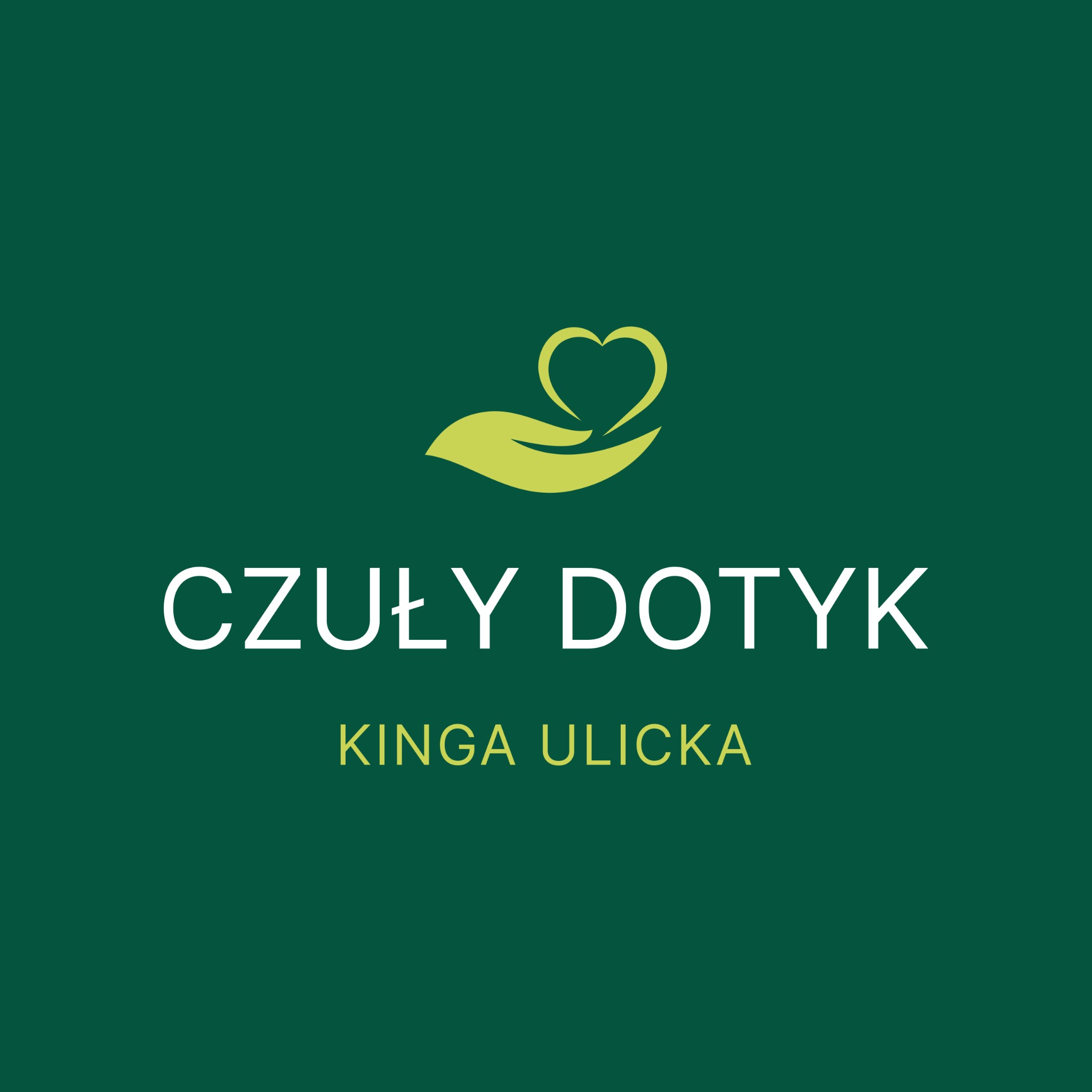 Logo firmy 'Czuły Dotyk Kinga Ulicka' na ciemnozielonym tle z symbolem dłoni podtrzymującej serce w kolorze jasnozielonym.