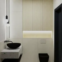 Wizualizacja minimalistycznej łazienki z czarną umywalką nablatową na blacie z lastryko, podwieszaną toaletą w kolorze czarnym, oświetleniem LED pod szafkami i okrągłą lampą sufitową.