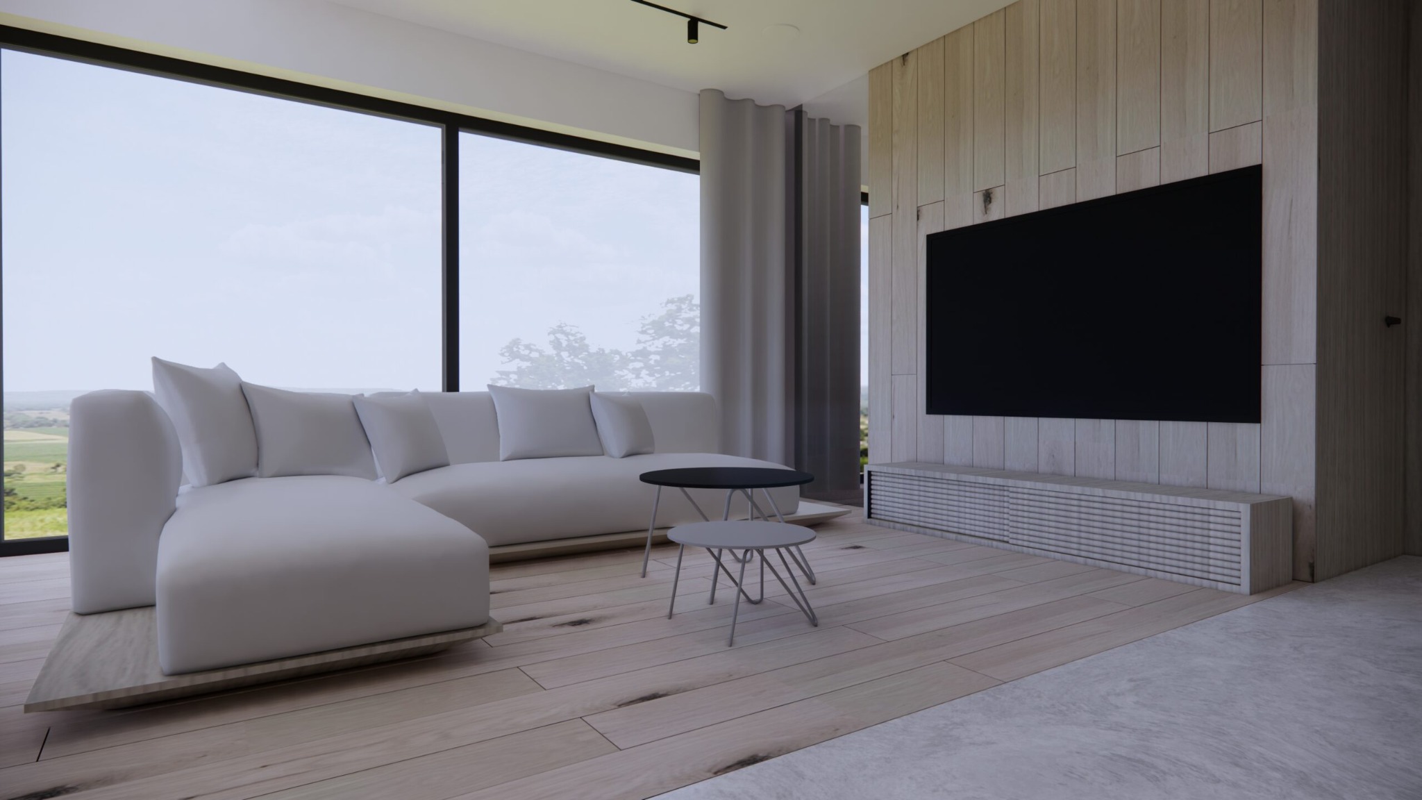 Jasny salon z panoramicznym oknem, białą sofą modułową, drewnianą ścianą z telewizorem i stolikami kawowymi.