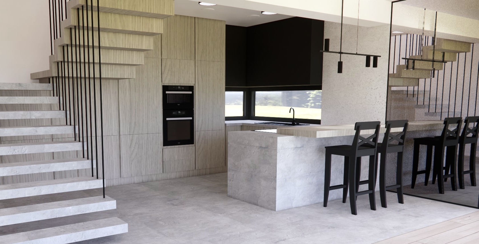 Wnętrze nowoczesnej kuchni z wyspą i hokerami, widoczne schody z minimalistyczną balustradą z czarnych prętów i zabudowa kuchenna z drewnianymi frontami.