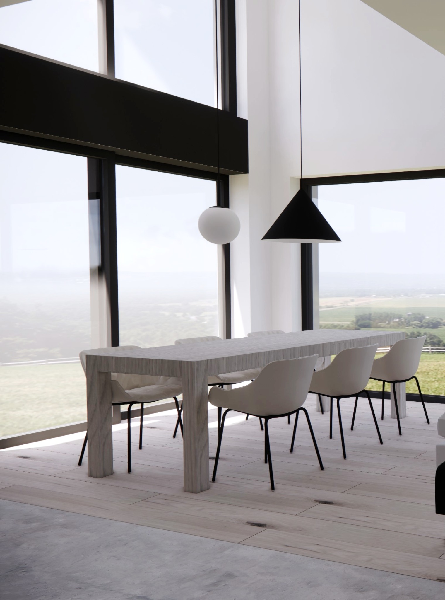 Jasna jadalnia z dużym oknem, marmurowym stołem i białymi krzesłami na czarnych nogach, oświetlona wiszącymi lampami o różnych kształtach.