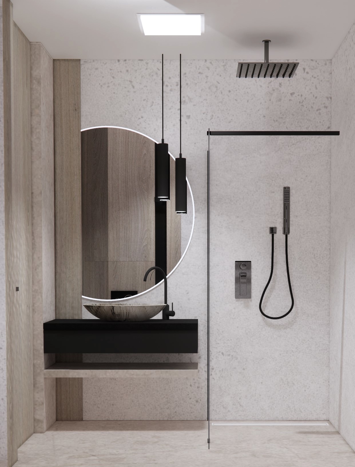 Minimalistyczna łazienka z okrągłym lustrem podświetlanym LED, wiszącą szafką z kamienną umywalką, czarnymi lampami wiszącymi i szklaną kabiną prysznicową z deszczownicą.