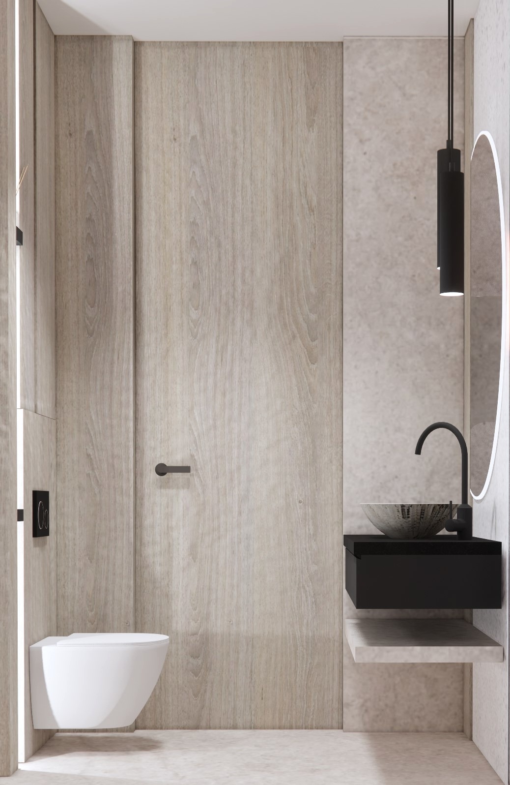 Minimalistyczna łazienka z drewnianą okładziną, podwieszaną miską WC, czarną umywalką nablatową i okrągłym lustrem z podświetleniem LED.