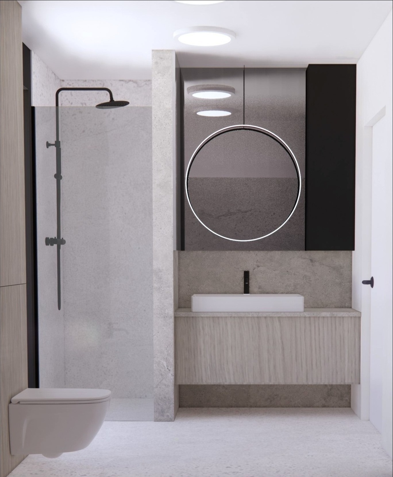 Wizualizacja nowoczesnej łazienki z kabiną prysznicową typu walk-in, podwieszaną toaletą i okrągłym lustrem z podświetleniem LED.