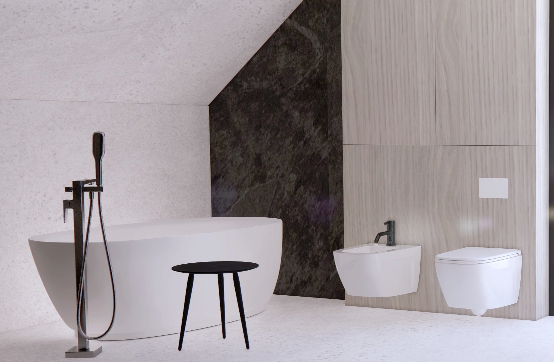 Minimalistyczna łazienka z wolnostojącą wanną, czarnym stołkiem barowym, białym bidetem i toaletą podwieszaną na tle ściany wykończonej drewnem i ciemnym kamieniem.