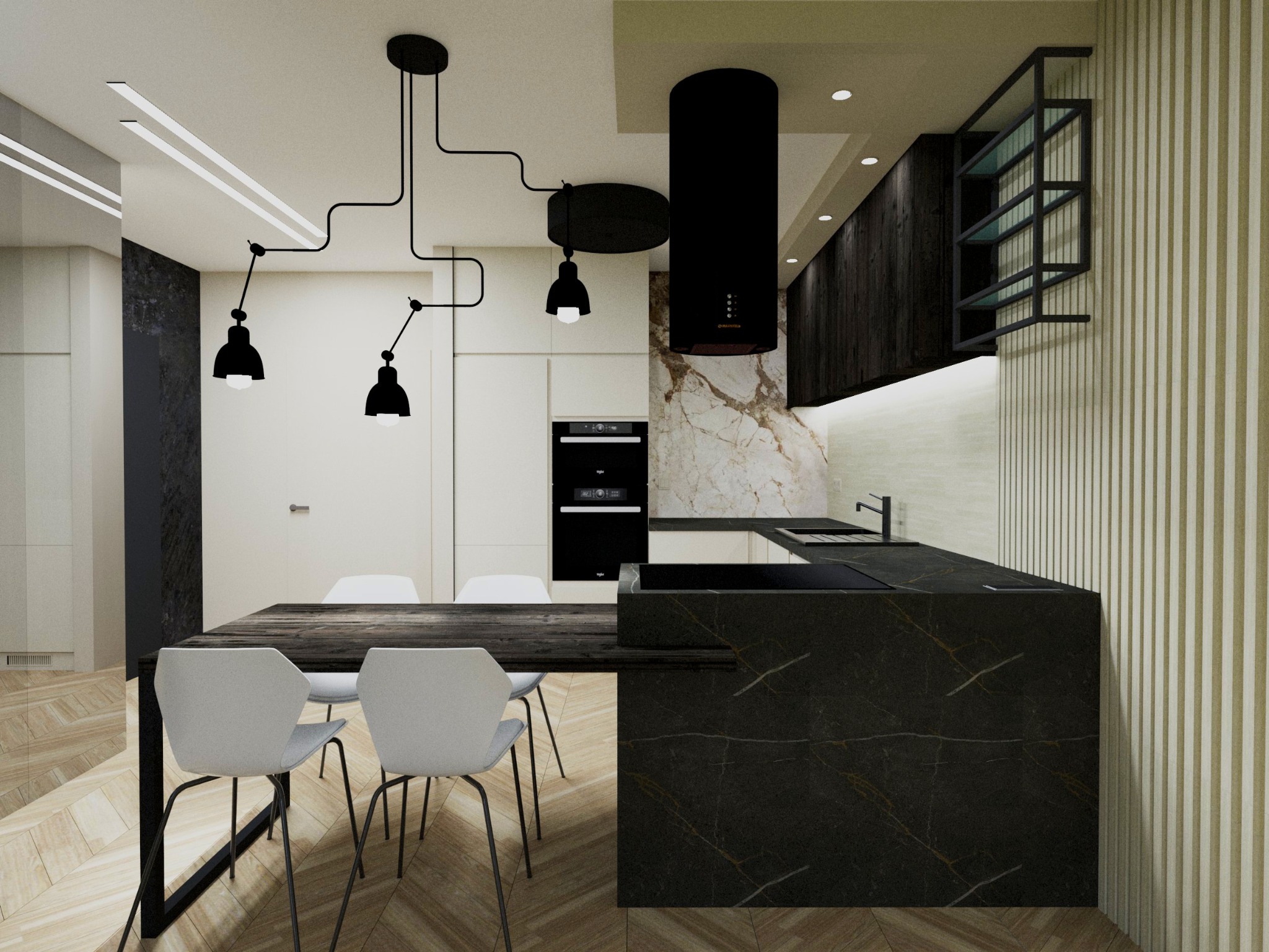 Wizualizacja nowoczesnej kuchni z czarnym blatem z marmurowym wzorem, białymi szafkami i oryginalnym oświetleniem w postaci czarnych lamp na wysięgnikach.
