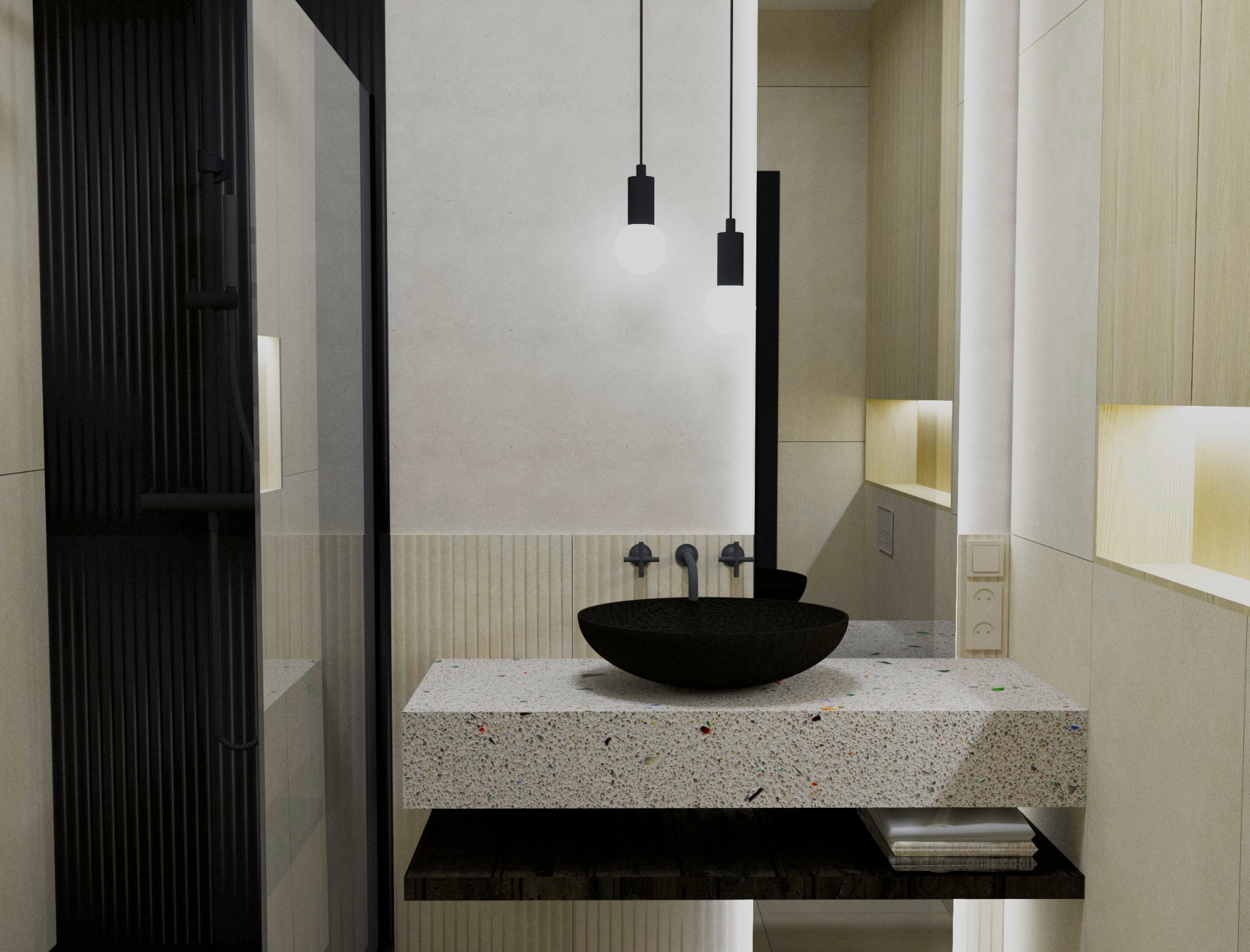 Nowoczesna łazienka z czarną, okrągłą umywalką na blacie z lastryko, minimalistyczna armatura, wiszące lampy i kabina prysznicowa z czarnymi detalami.