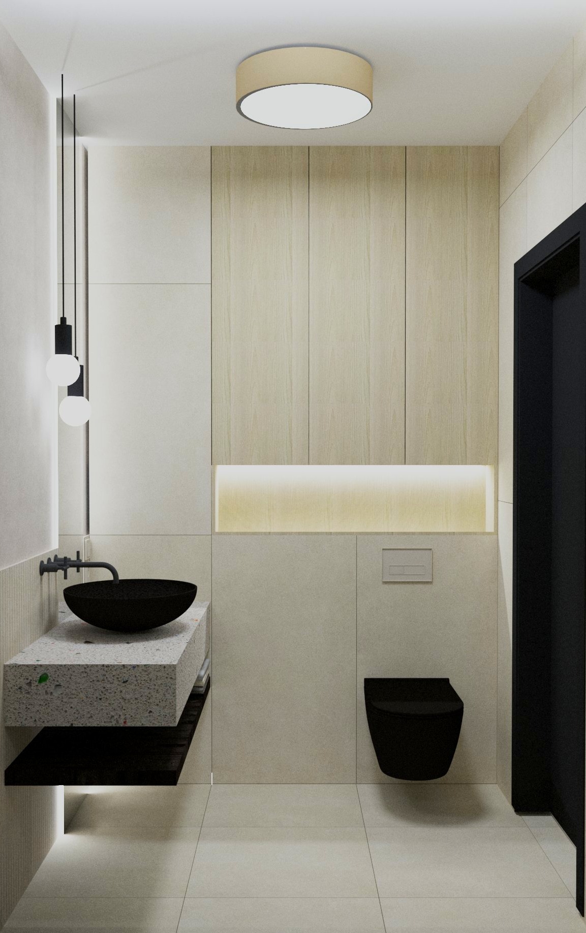 Wizualizacja minimalistycznej łazienki z czarną umywalką nablatową na blacie z lastryko, podwieszaną toaletą w kolorze czarnym, oświetleniem LED pod szafkami i okrągłą lampą sufitową.