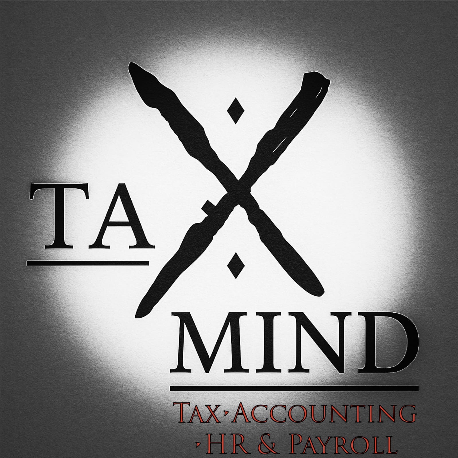 Czarno-białe logo firmy Tax Mind z abstrakcyjnym symbolem X i napisem Tax Accounting HR & Payroll na teksturowanym tle.