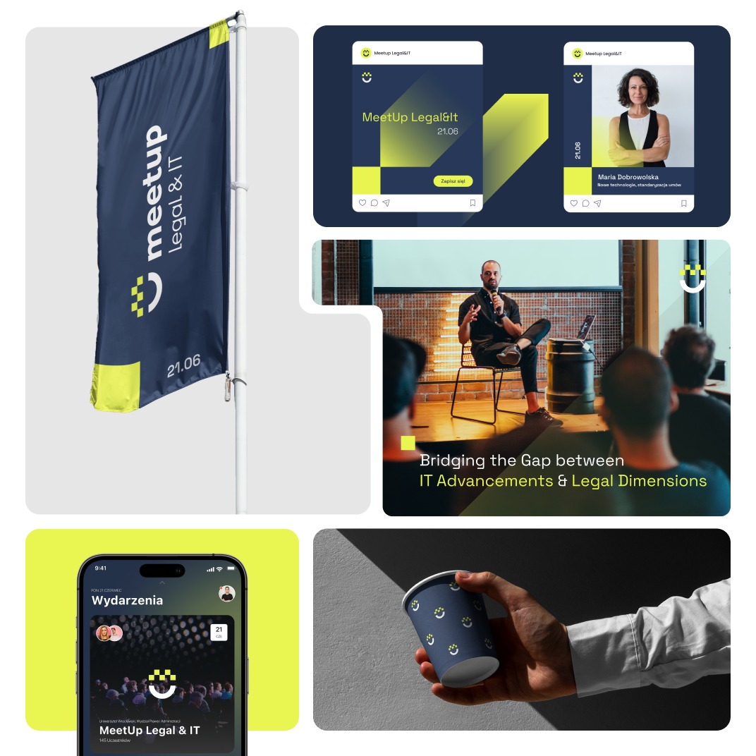 Kompozycja wizualna prezentująca wydarzenie MeetUp Legal & IT, obejmująca flagę z logo, zrzuty ekranu aplikacji mobilnej, zdjęcie prelegenta podczas prezentacji oraz kubek z logo w dłoni.