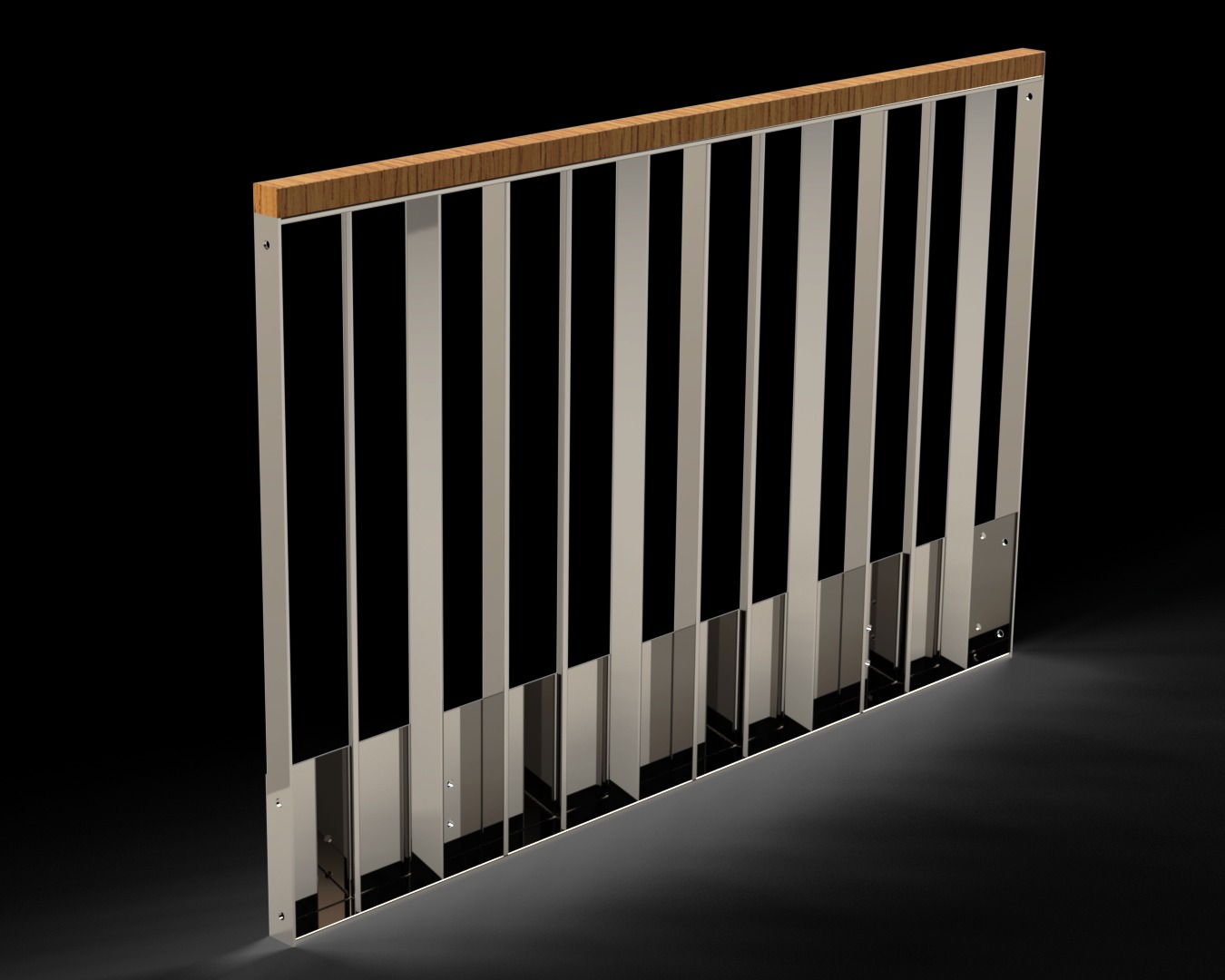 Wizualizacja barierki z pionowych, metalowych profili z drewnianym wykończeniem u góry i metalowymi płytkami u dołu, na czarnym tle.
