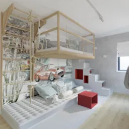 Pokój dziecięcy z łóżkiem na antresoli, drabinką gimnastyczną i schodami z wnękami w kolorze czerwonym, tapeta z motywem samochodowym, jasna podłoga, nowoczesny design.