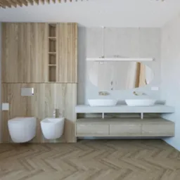 Nowoczesna łazienka z drewnianymi akcentami: szafka z umywalkami nablatowymi, wisząca toaleta i bidet obok szafy z półkami, parkiet w jodełkę, podwieszany sufit z drewnianych listew.