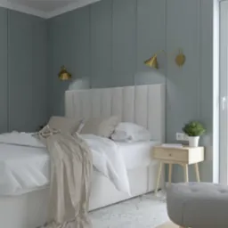 Nowoczesna sypialnia w odcieniach szarości z łóżkiem z tapicerowanym wezgłowiem, złotymi lampkami nocnymi i widokiem na miasto przez okno balkonowe.