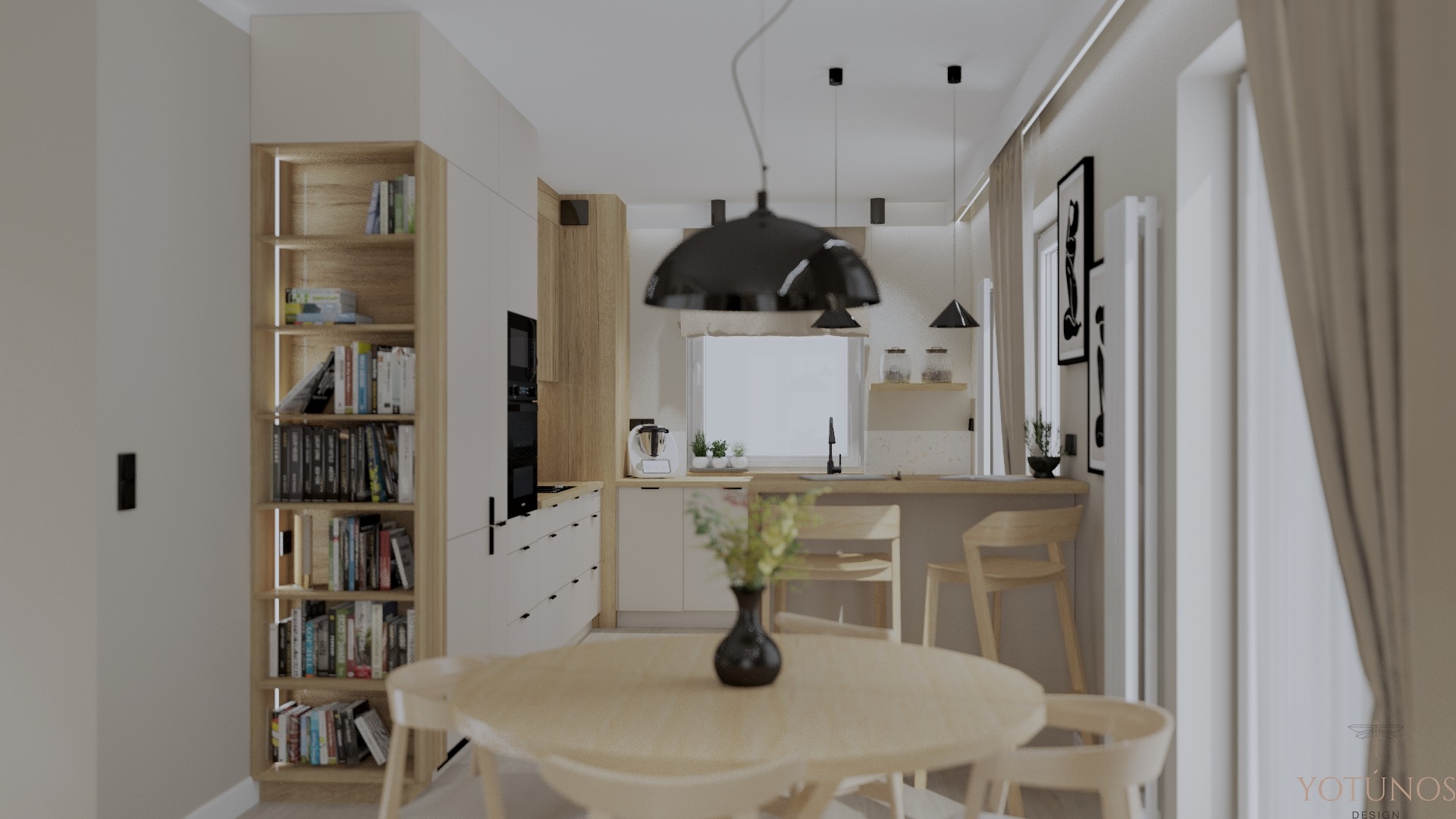 Wizualizacja jasnej kuchni z drewnianymi akcentami, okrągłym stołem i regałem z książkami, oświetlona lampami wiszącymi.