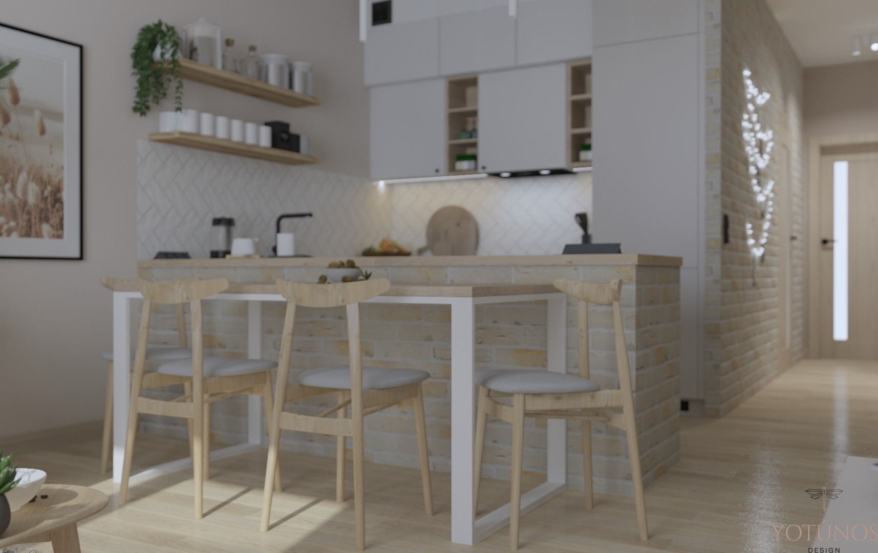 Wizualizacja nowoczesnej kuchni z ceglaną ścianą, drewnianymi krzesłami barowymi przy białym blacie, białymi szafkami i dekoracyjną roślinnością na półkach.