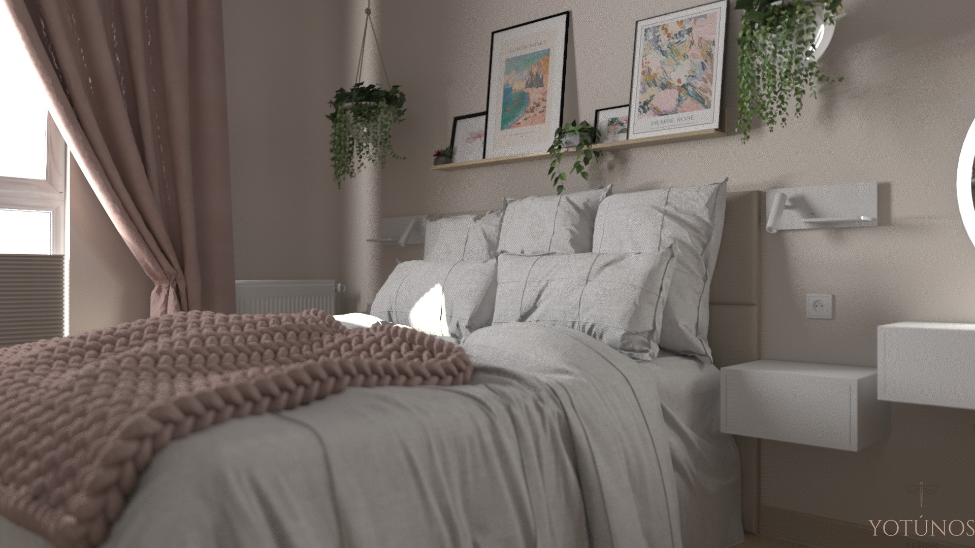 Jasna sypialnia z łóżkiem z szarą pościelą i różowym kocem, roślinami wiszącymi na ścianie i minimalistycznymi szafkami nocnymi.