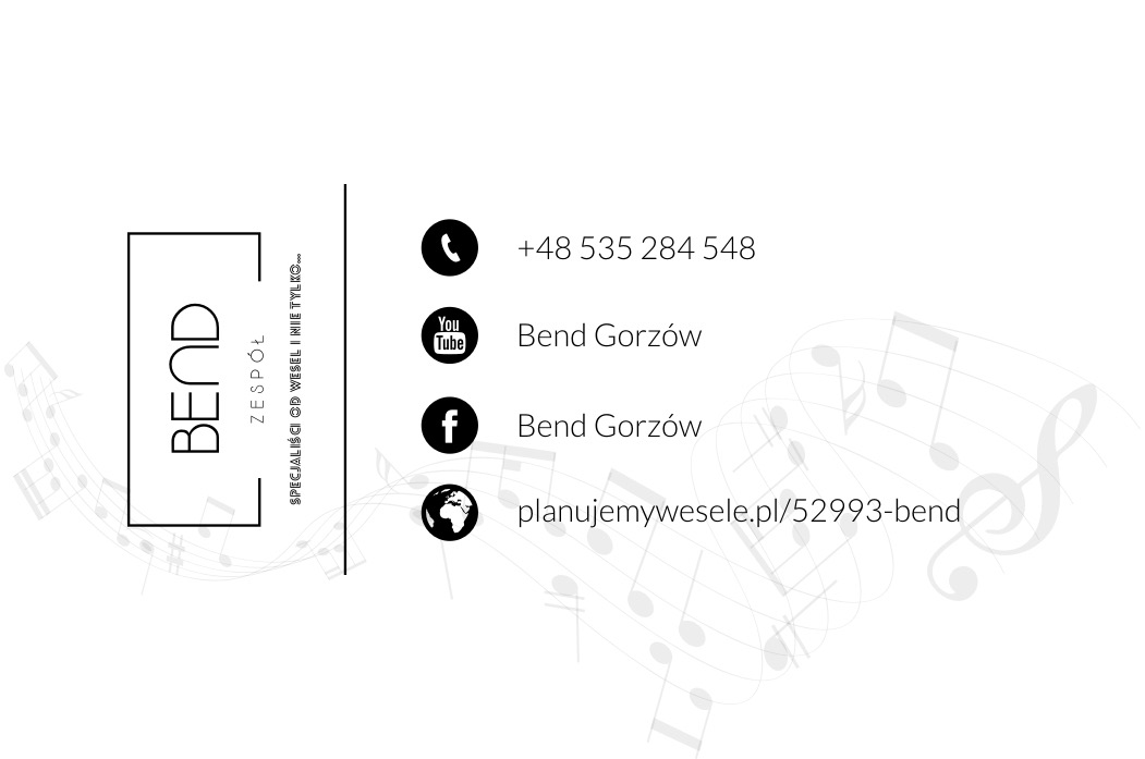 Grafika reklamowa zespołu muzycznego 'Bend', specjalizującego się w oprawie muzycznej wesel, z numerem telefonu, odnośnikami do kanału YouTube i profilu na Facebooku oraz adresem strony internetowej.