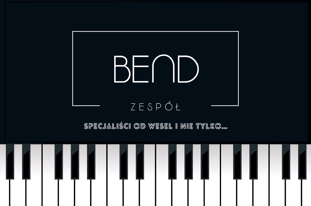 Grafika reklamowa zespołu muzycznego z napisem 'BEND' i klawiaturą fortepianu w dolnej części.
