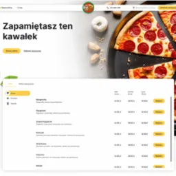 Interaktywna strona internetowa pizzerii z menu online, umożliwiająca wybór rozmiaru i składników pizzy, z wizualizacją pepperoni na talerzu i elementami graficznymi.