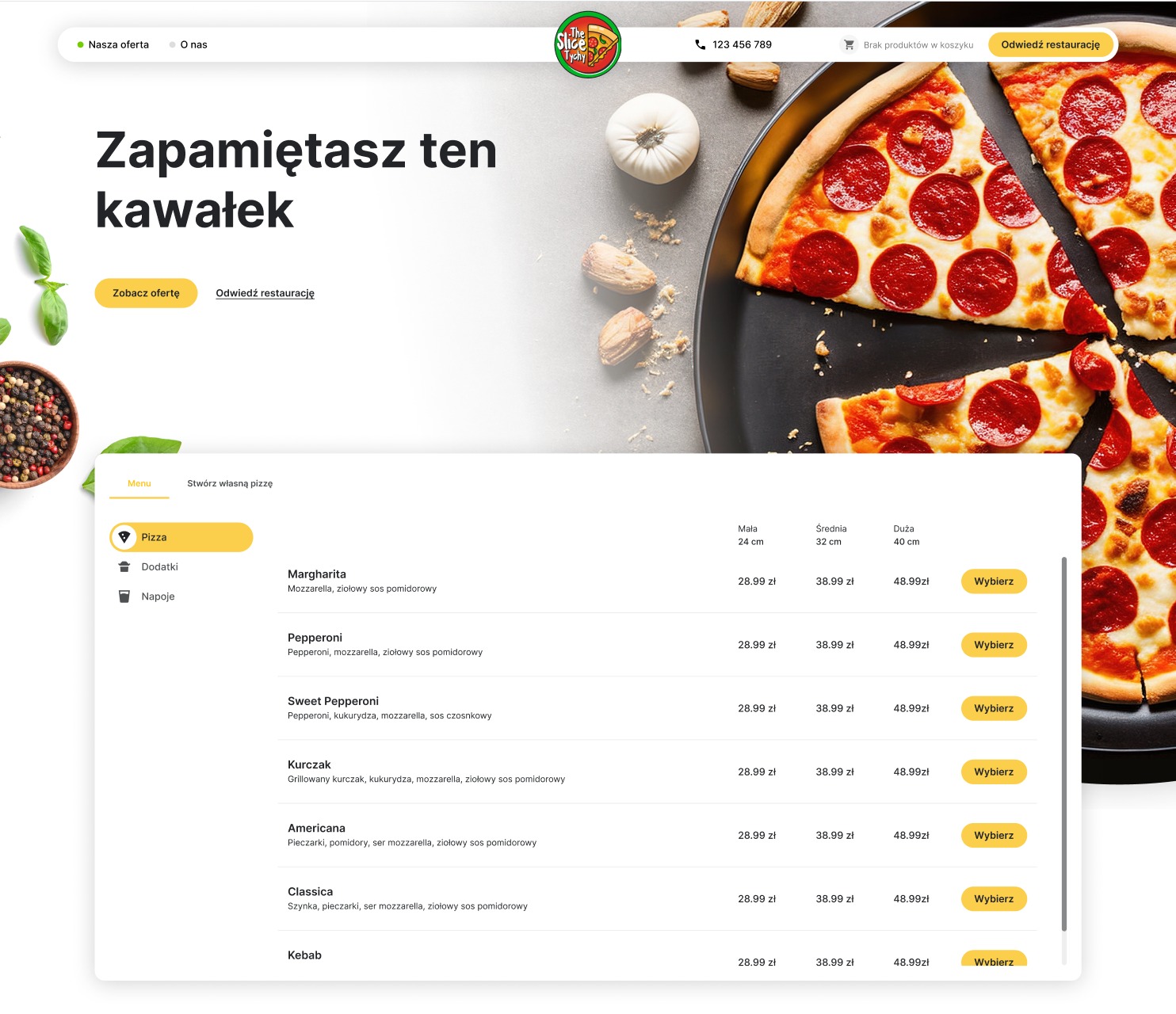Interaktywna strona internetowa pizzerii z menu online, umożliwiająca wybór rozmiaru i składników pizzy, z wizualizacją pepperoni na talerzu i elementami graficznymi.