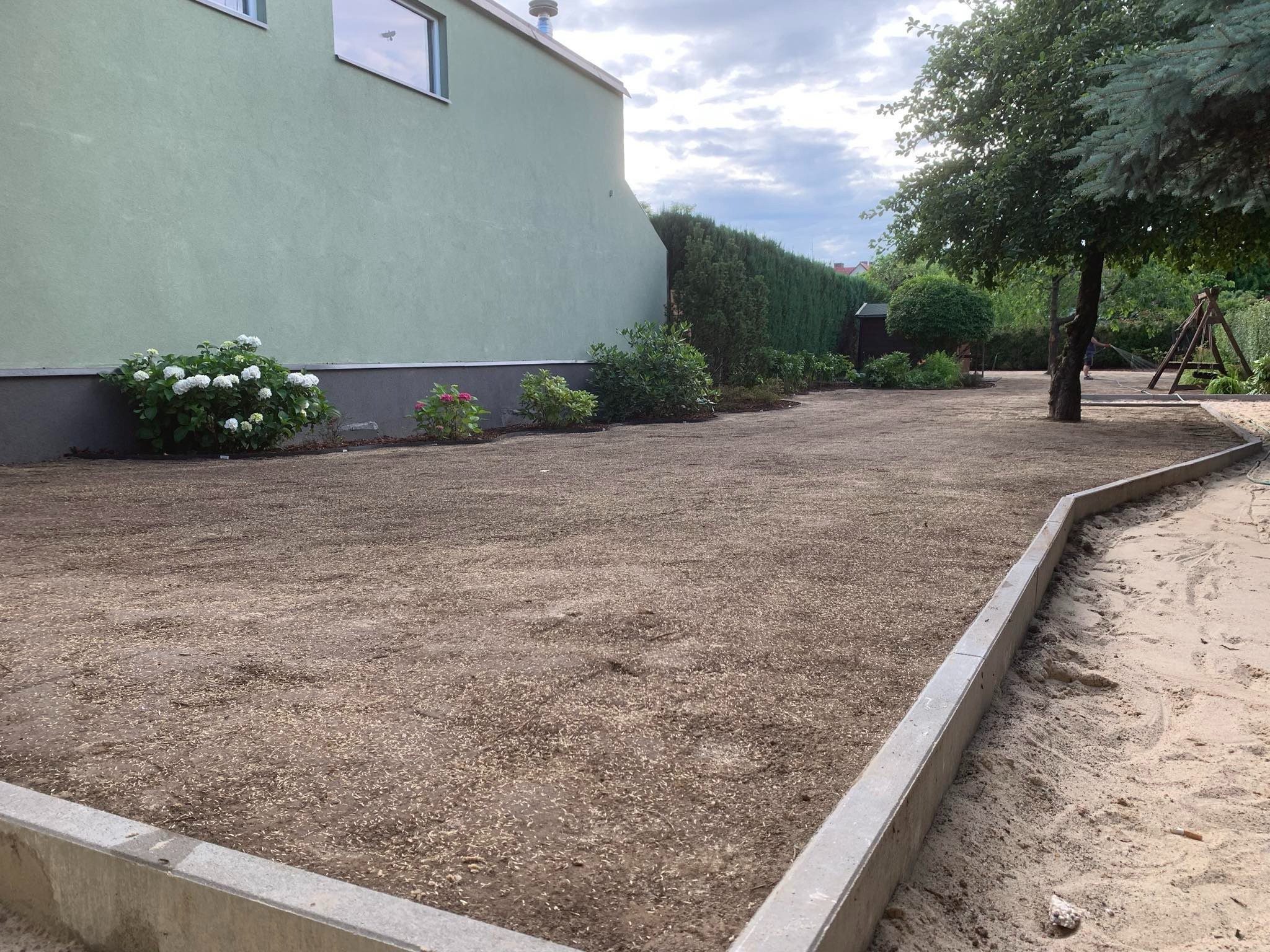 Przygotowany teren pod trawnik z wysianą trawą, widoczne obrzeża betonowe, krzewy ozdobne, budynek z jasną elewacją i fragment placu zabaw w tle.