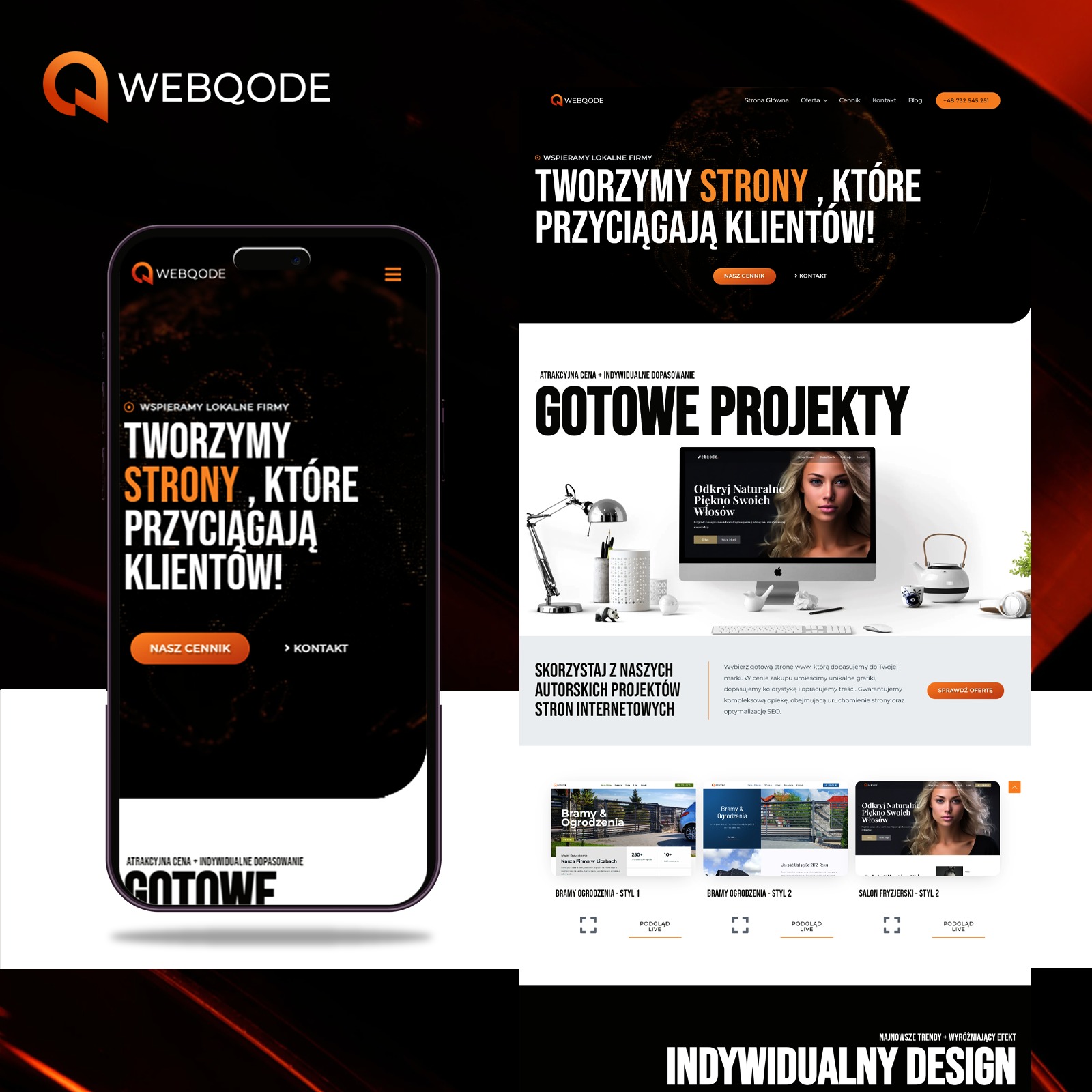 Prezentacja strony internetowej na monitorze i smartfonie, z hasłem 'Tworzymy strony, które przyciągają klientów', obok biurko z lampką i roślinami.