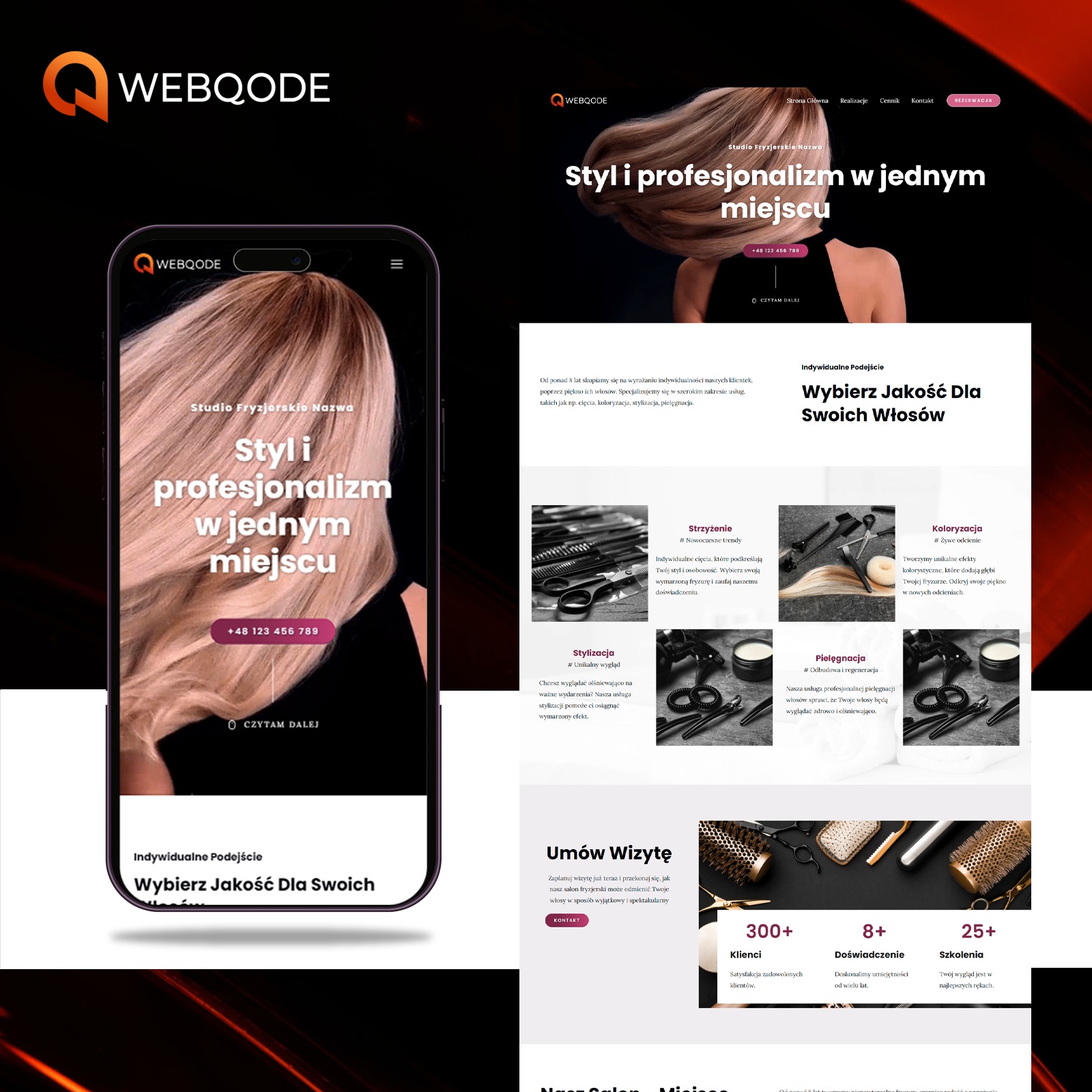 Responsywna strona internetowa salonu fryzjerskiego wyświetlana na smartfonie, prezentująca blond włosy modelki, z nagłówkiem 'Styl i profesjonalizm w jednym miejscu' oraz przyciskiem 'Czytaj dalej'.