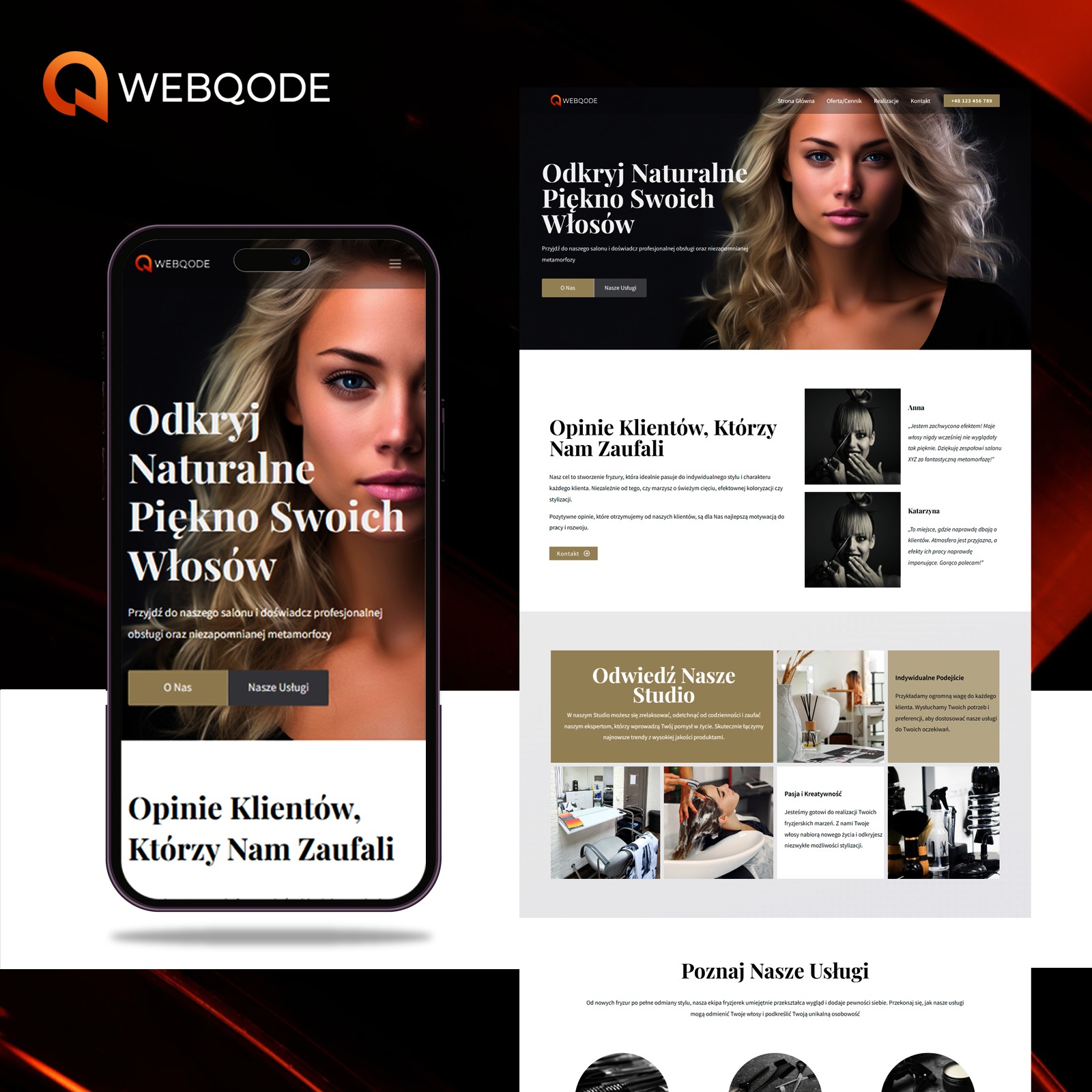 Zrzut ekranu strony internetowej salonu fryzjerskiego Webqode, prezentujący nagłówek z logo i menu, a także sekcję z wizerunkiem modelki i tekstem 'Odkryj Naturalne Piękno Swoich Włosów'...