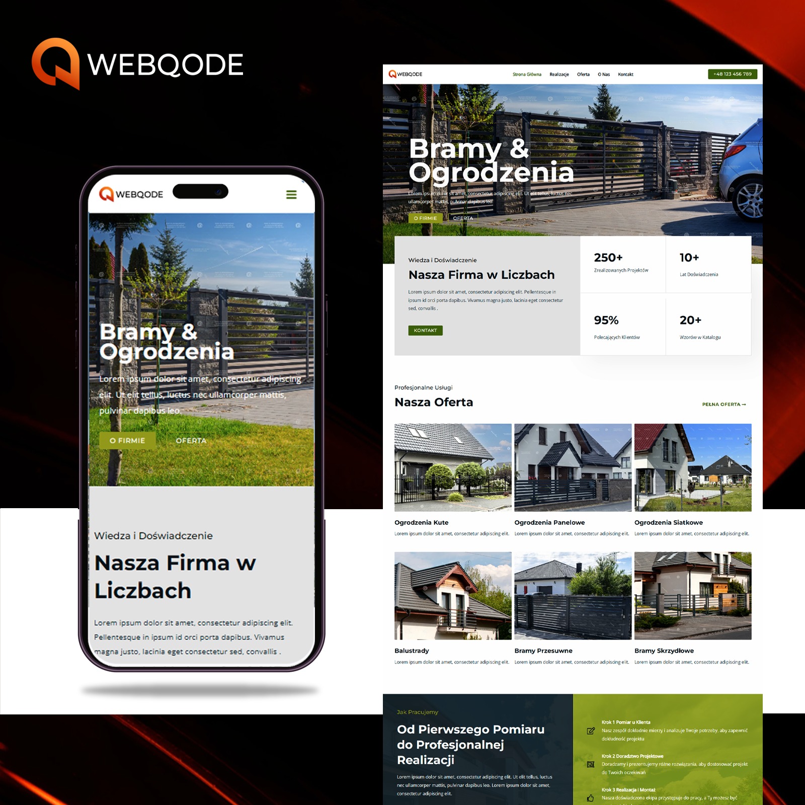 Prezentacja responsywnej strony internetowej na smartfonie obok wersji desktopowej, ukazująca projekt bram i ogrodzeń.