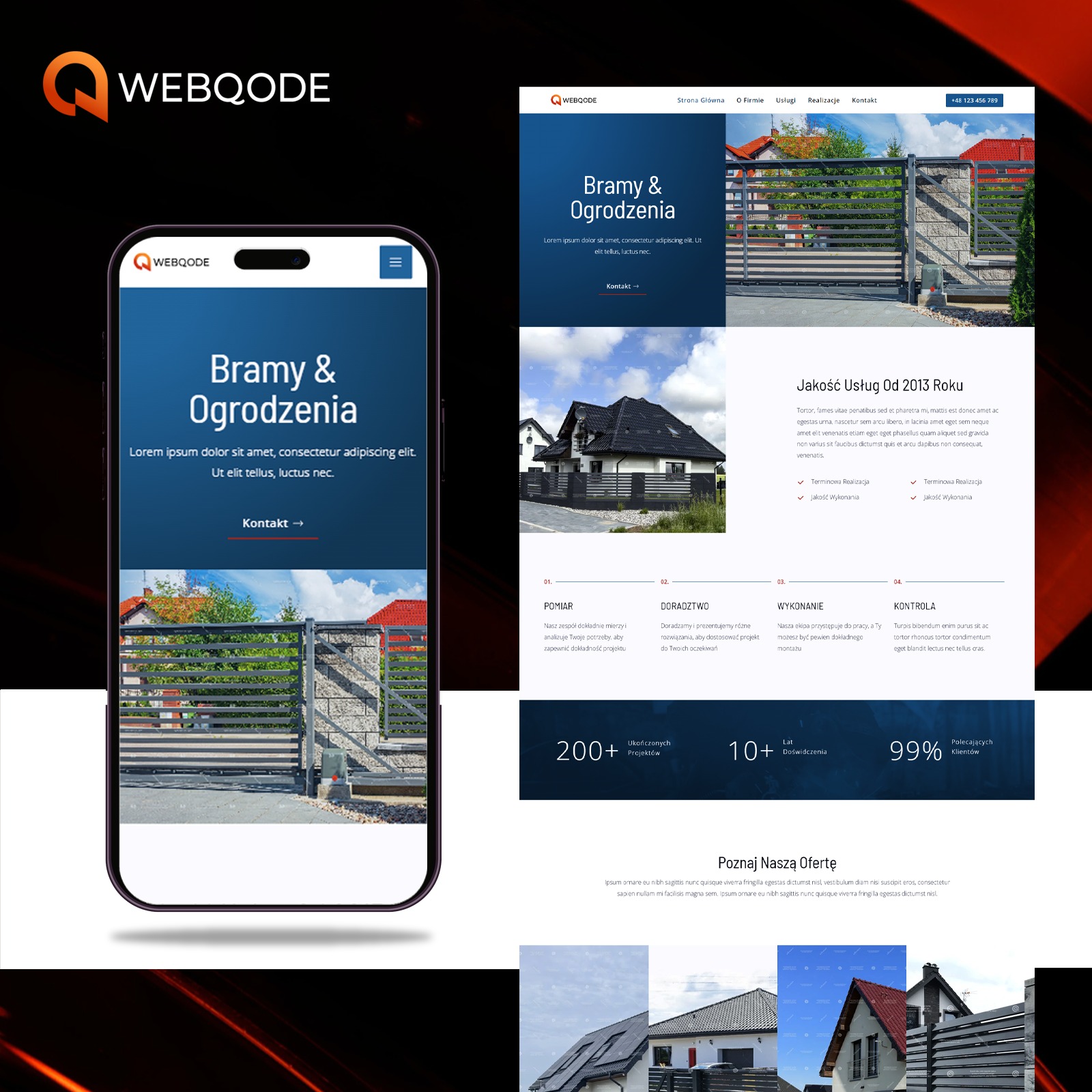 Prezentacja responsywnej strony internetowej na smartfonie, dotyczącej bram i ogrodzeń, z widocznymi elementami interfejsu użytkownika i treścią tekstową.