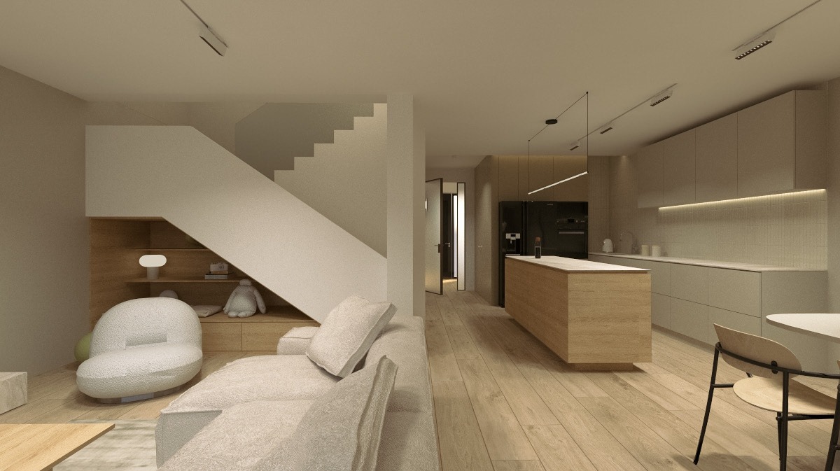 Jasne wnętrze domu w Suchym Lesie: schody z półkami, fotel typu baranek, drewniana podłoga i wyspa kuchenna. Minimalistyczny design z oświetleniem LED.