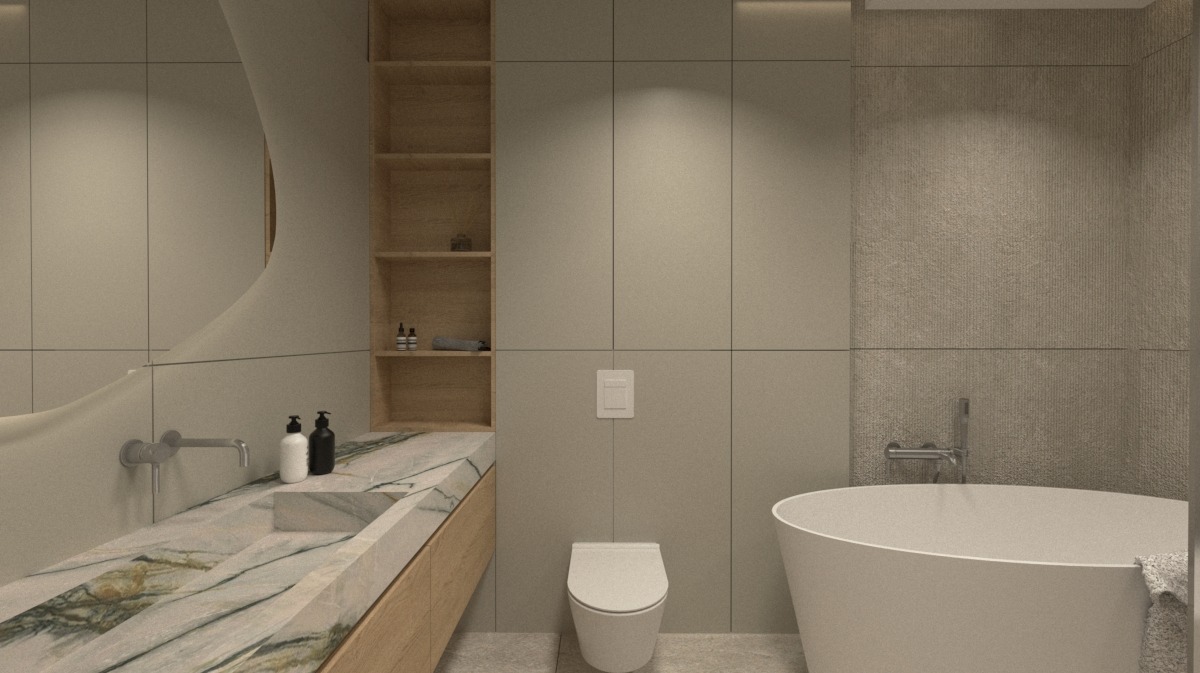 Nowoczesna łazienka z marmurowym blatem, owalnym lustrem i drewnianymi półkami. Minimalistyczny design, stonowana kolorystyka, wanna wolnostojąca.